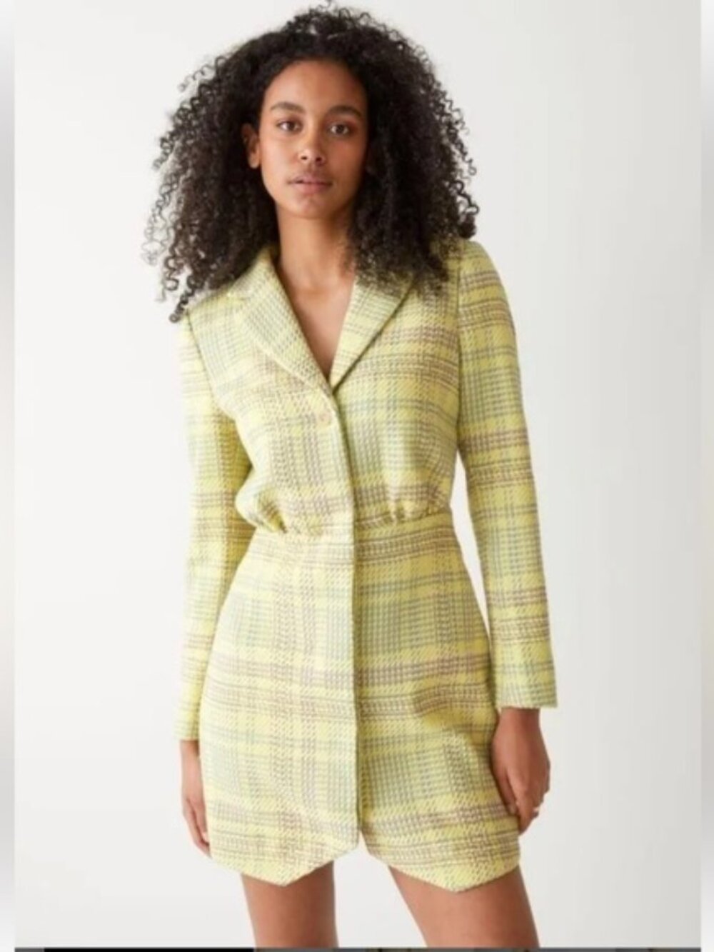 & Other Stories Yellow & Grey Plaid Tweed Blazer Mini Dress Size 10 Long Sleeve